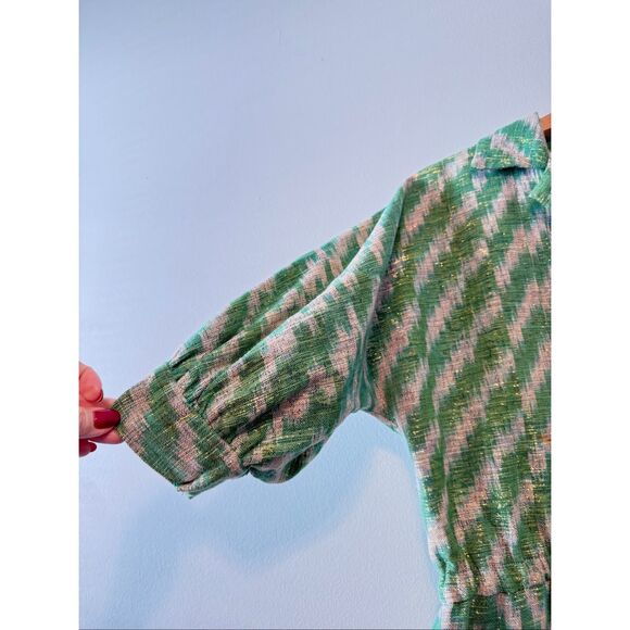 Vintage Fiandaca Couturier 8 Knee Length Dress Green Gold Ikat Zig Zag 60's Mod - Picture 5 of 16